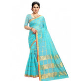 Generic Women's Kota Doria Cotton Checked Saree With Blouse (Sky Blue, 5-6 Mtrs)