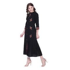 Generic Women's Khadi Printed A Line Kurti (Black, Khadi)