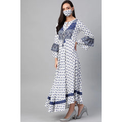 Generic Women's Casual Bell Sleeve Floral Printed Rayon Dress (White & Blue)