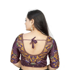 Generic Women's Malai Silk Floral Readymade Blouse (Purple, Size: Free Size)