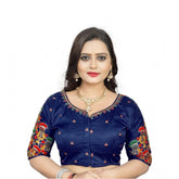 Generic Women's Malai Silk Floral Readymade Blouse (Navy Blue, Size: Free Size)