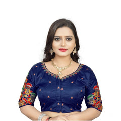 Generic Women's Malai Silk Floral Readymade Blouse (Navy Blue, Size: Free Size)