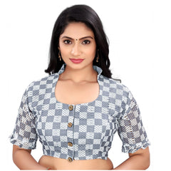 Generic Women's Cotton Blend Checks Readymade Blouse (Grey, Size: Free Size)