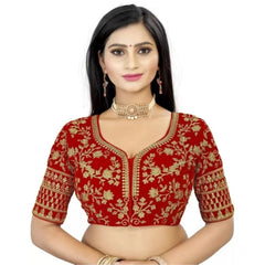Generic Women's Velvet Embroidery Readymade Blouse (Red, Size: Free Size)