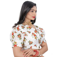 Generic Women's Cotton Blend Floral Readymade Blouse (Orange, Size: Free Size)
