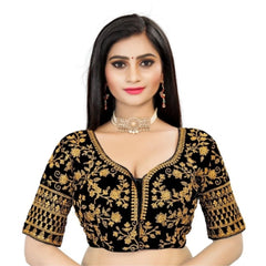 Generic Women's Velvet Embroidery Readymade Blouse (Black, Size: Free Size)