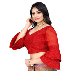 Generic Women's Organza Embroidery Readymade Blouse (Red, Size: Free Size)