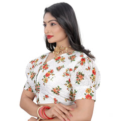Generic Women's Cotton Blend Floral Readymade Blouse (Orange, Size: Free Size)