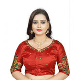 Generic Women's Malai Silk Floral Readymade Blouse (Red, Size: Free Size)