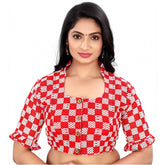 Generic Women's Cotton Blend Checks Readymade Blouse (Red, Size: Free Size)