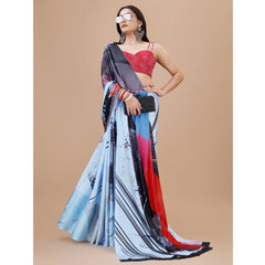 Generic Women's Crepe Digital Print Saree With Unstitched Blouse 5.5Mtr (Light Blue)