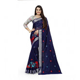 Generic Women's Cotton Silk Embroidered Saree With Unstitched Blouse 5.5Mtr (Dark Blue)