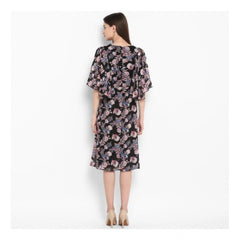 Generic Women's Polyester Floral Short Sleeve Knee-Length Dress (Black - Multicolor)