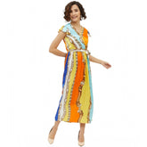 Generic Women's Satin Chain Print Cap Sleeve Calf-length Dress (Multicolor)
