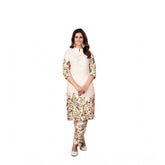 Generic Women's Cotton Printed 3/4th Sleeve Kurti With Pant (Cream )