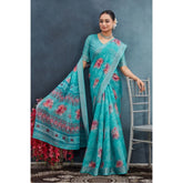 Generic Women's Linen Floral Printed Saree With Unstitched Blouse 5.5Mtr (Aqua)
