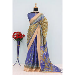Generic Women's Mysore Silk Digital Print Saree With Unstitched Blouse 5.5Mtr (Blue)