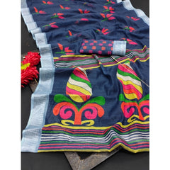 Generic Women's Cotton Linen Digital Print Saree With Unstitched Blouse 5.5Mtr (Blue)