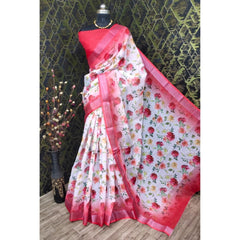 Generic Women's Cotton Linen Woven Design Saree With Unstitched Blouse 5.5Mtr (Red)