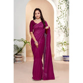 Generic Women's Vichitra Silk Striped Saree With Unstitched Blouse 5.5Mtr (Purple)