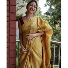 Generic Women's Silk Printed Saree With Unstitched Blouse 5.5Mtr (Yellow)