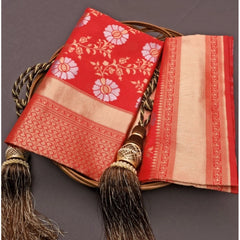 Generic Women's Silk Printed Saree With Unstitched Blouse 5.5Mtr (White)