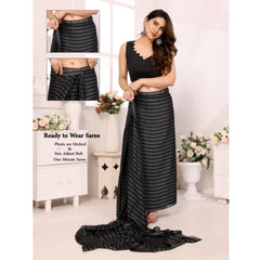 Generic Women's Black Berry Striped Ready-to-Wear Saree With Unstitched Blouse 5.5 Mtr (Grey-Black)