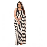 Generic Women's Small Lace Georgette Striped Ready-to-Wear Saree With Unstitched Blouse 5.5 Mtr (Black-White)