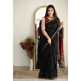 Generic Women's Cotton Printed Saree With Unstitched Blouse 5.5Mtr (Black)