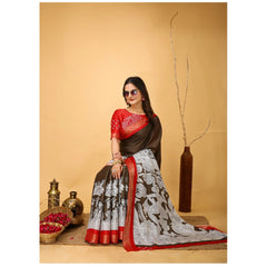 Generic Women's Soft Handloom Cotton Kalamkari Printed Saree With Unstitched Blouse 5.5Mtr (Brown)