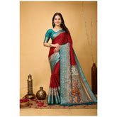 Generic Women's Soft Dola Cotton Kalamkari Printed Saree With Unstitched Blouse 5.5Mtr (Red)