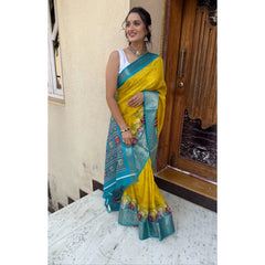 Generic Women's Soft Dola Cotton Kalamkari Printed Saree With Unstitched Blouse 5.5Mtr (Mustard)