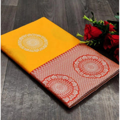 Generic Women's Soft Lichi Silk Printed Saree With Unstitched Blouse 5.5Mtr (Yellow)