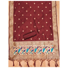 Generic Women's Banarasi Silk Printed Unstitched Salwar Suit Material With Dupatta (Maroon, 3Mtrs)