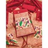 Generic Women's Banarasi Silk Printed Unstitched Salwar Suit Material With Dupatta (Red, 3Mtrs)