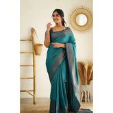 Generic Women's Litchi silk Printed Saree With Unstitched Blouse (Rama Blue)