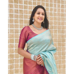 Generic Women's Litchi silk Printed Saree With Unstitched Blouse (Blue)