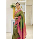 Generic Women's Soft Lichi Silk Printed Saree With Unstitched Blouse 5.5Mtr (Mehndi-Green)
