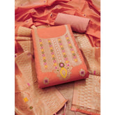 Generic Women's Banarasi Silk Printed Unstitched Salwar Suit Material With Dupatta (Peach, 3Mtrs)