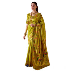 Generic Women's Silk Blend Zari Woven Saree With Unstitched Blouse 5.5Mtr (Lime Green)