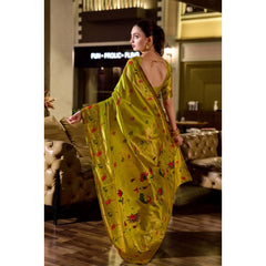 Generic Women's Silk Blend Zari Woven Saree With Unstitched Blouse 5.5Mtr (Lime Green)