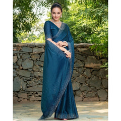 Generic Women's Rangoli Diamond Weaving - Stone Work Saree With Unstitched Blouse 5.5Mtr (Teal)