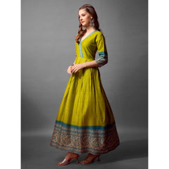 Generic Women's Cotton Blend Printed Anarkali Gown (Green)