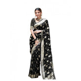 Generic Women's Soft Lichi Silk Printed Saree With Unstitched Blouse 5.5Mtr (Black)