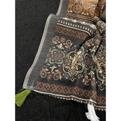 Generic Women's Linen Cotton Printed Saree With Unstitched Blouse 5.5Mtr (Beige)