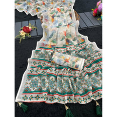 Generic Women's Linen Cotton Printed Saree With Unstitched Blouse 5.5Mtr (Green)