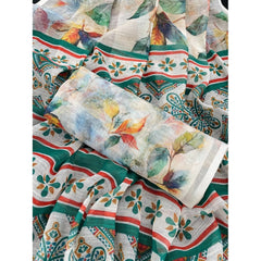 Generic Women's Linen Cotton Printed Saree With Unstitched Blouse 5.5Mtr (Green)