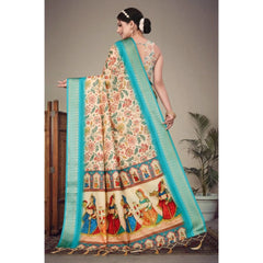 Generic Women's Cotton Silk Printed Saree With Unstitched Blouse 5.5Mtr (Sky Blue)