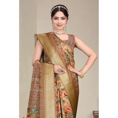 Generic Women's Cotton Silk Printed Saree With Unstitched Blouse 5.5Mtr (Peach)