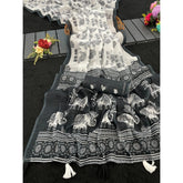 Generic Women's Linen Cotton Printed Saree With Unstitched Blouse 5.5Mtr (Black)